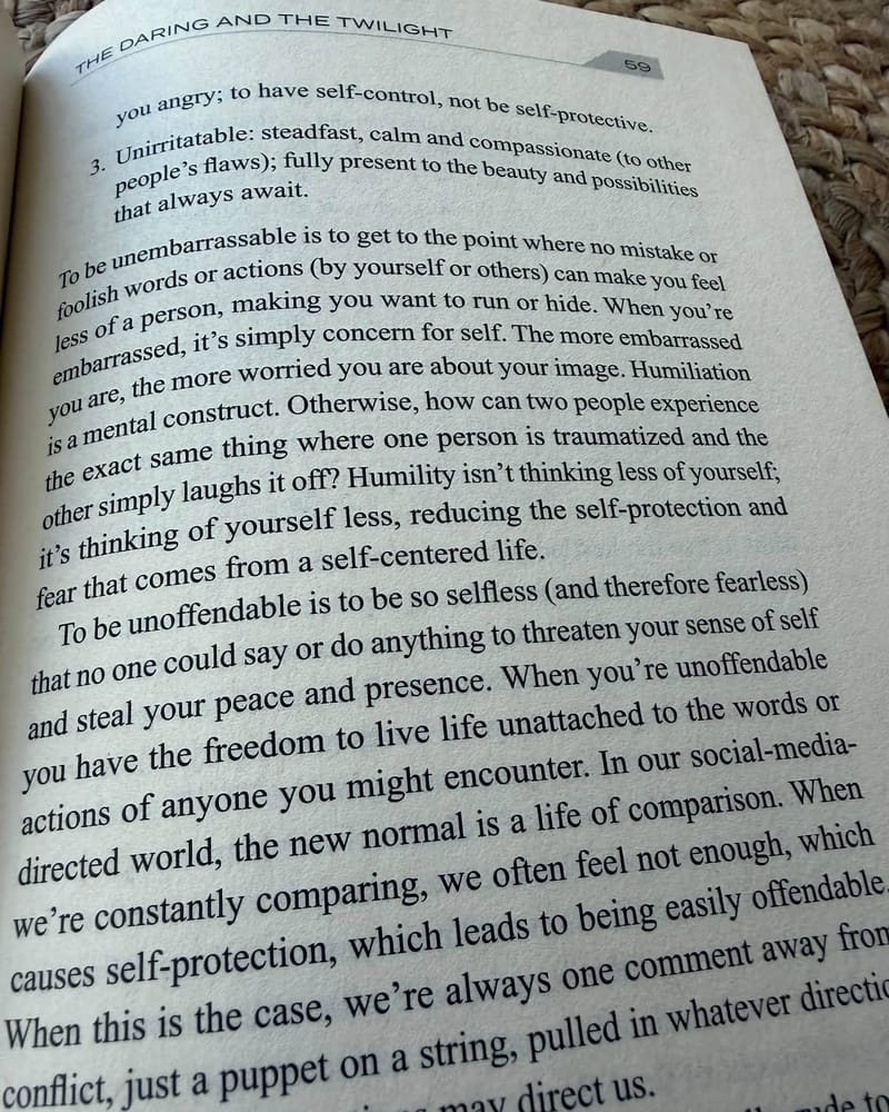 Another page from Inner Excellence discussing humility and being unoffendable, with text about living unattached to others' words and actions