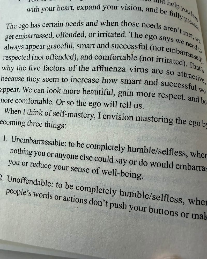 A page from the book discussing the ego and self-mastery, explaining concepts of becoming unembarrassable and unoffendable